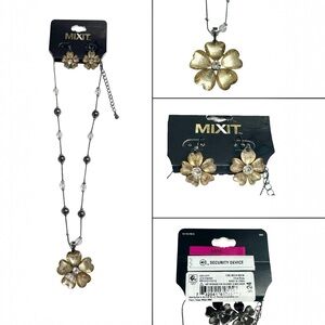 Retro Y2K Necklace / Earrings Set Mixit Yellow Silver Flower Boho Rhinestone NWT